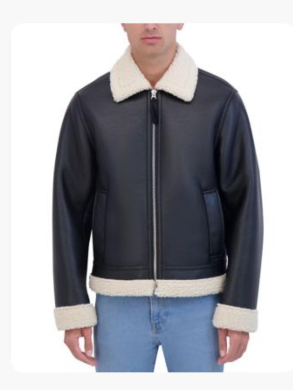 NWT Hudson Jeans Black Faux-Leather Bomber Jacket with Cream Shearling